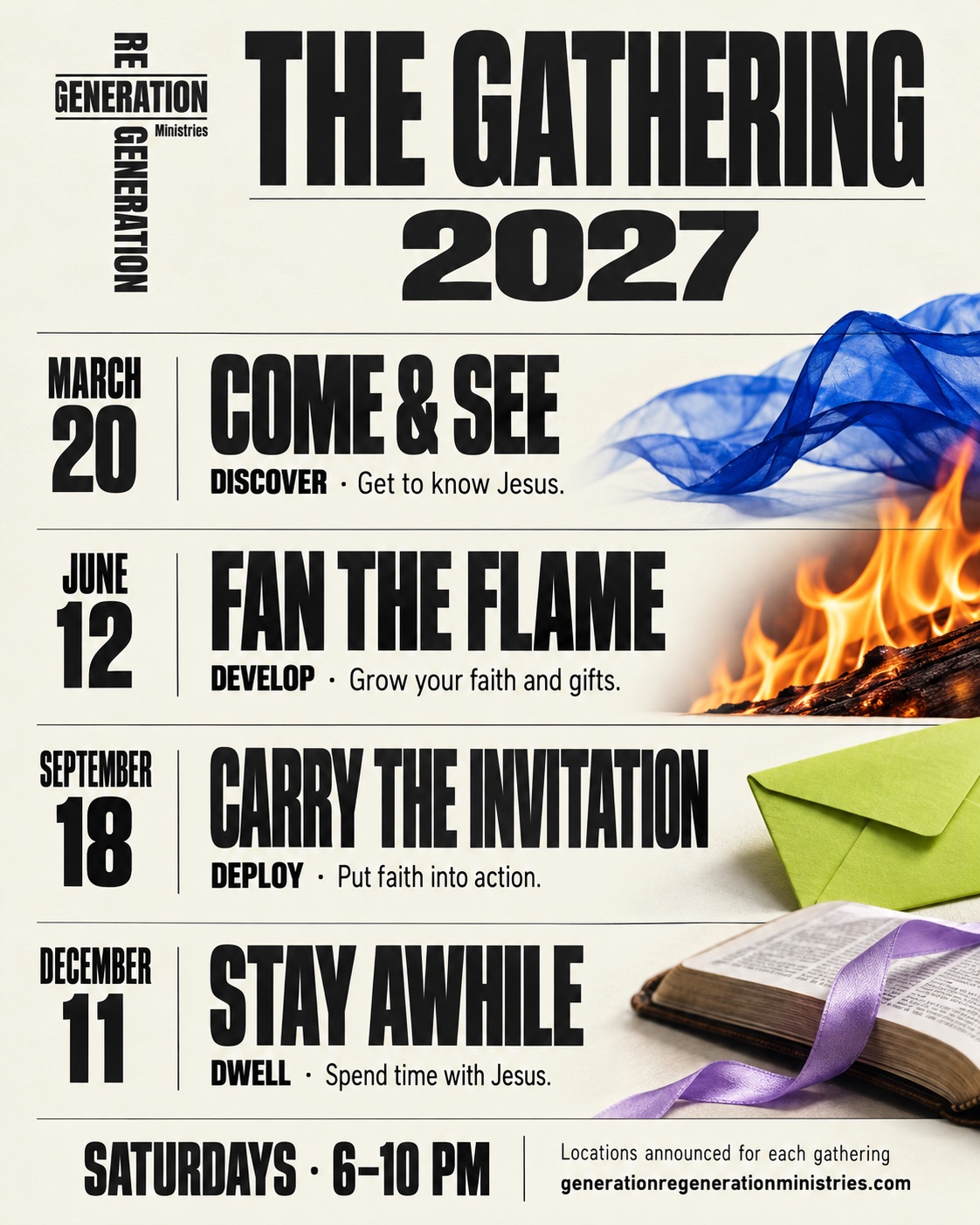 The Gathering 2027 calendar: Come and See March 20, Fan the Flame June 12, Carry the Invitation September 18, and Stay Awhile December 11
